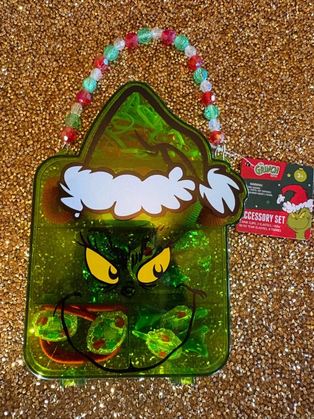 Dr. Seuss NWT The Grinch Kids Hair Accessory Kit, 2 hair clips, 1 bow/elastics